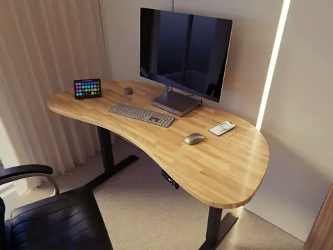 DESKOS Boome — Подъёмный стол из дуба с уникальной столешницей-бумерангом, 150×70 см